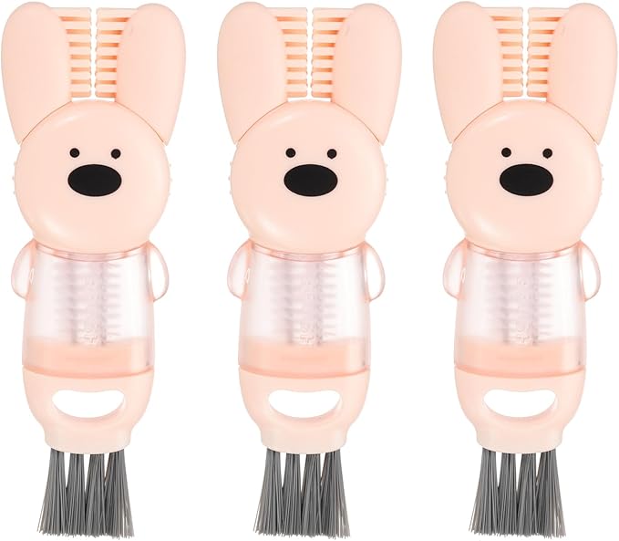 uxcell 3pcs Cup Lid Cleaning Brush, Water Bottle Cleaner Brush with Rabbit Pattern, for Tight Spaces, Bottle Gap Pink