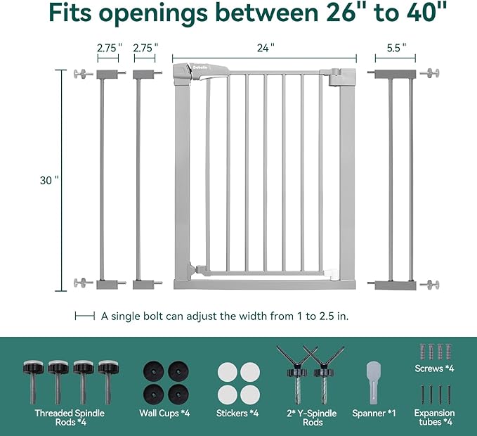 BABELIO 36" Tall Baby Gate, 26-40" Wide Auto Close Pet Gate, PressGuard C5 Pressure Mounted Metal Dog Gate, Easy-Install No Drilling, No Tools Needed, with Wall Protectors and Extension Kits, Gray