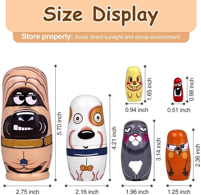 Russian Nesting Dolls, 5 Pcs 6 "Tall Animal Nesting Easter Eggs Toys, Stacking Wooden Handmade Matryoshka Dolls for Kids Toddlers Birthday or Home Decoration Gift (Cute Dog)