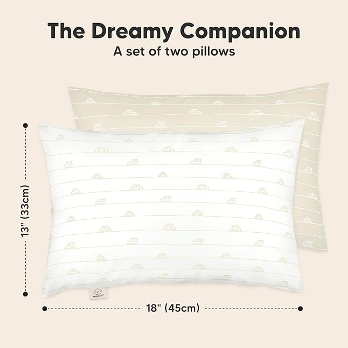 KeaBabies 2-Pack Toddler Pillow 13x18 - Soft Organic Cotton Kids Travel Bed Pillows for Sleeping, School, Nap, Machine Washable, Toddlers 2 to 5, Pillowcase Sold Separately (City Cars)