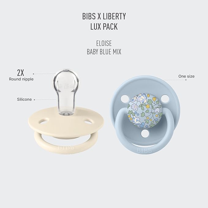BIBS De Lux Liberty Soother 2-Pack, BPA Free Dummy Pacifier, Round Nipple. Silicone, Made in Denmark, OneSize (0-36 Months), Eloise Baby Blue