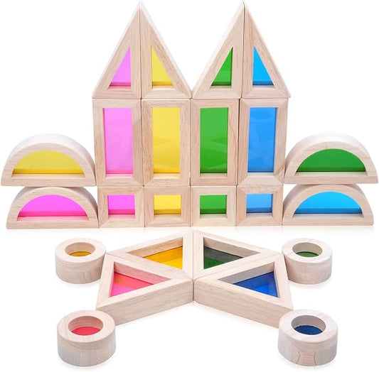 Wooden Building Blocks with Rainbow Acrylic Windows - 24pc Classic Montessori Stacking Set - Screen-Free Educational STEM Construction Toys for Toddlers Ages 18M+