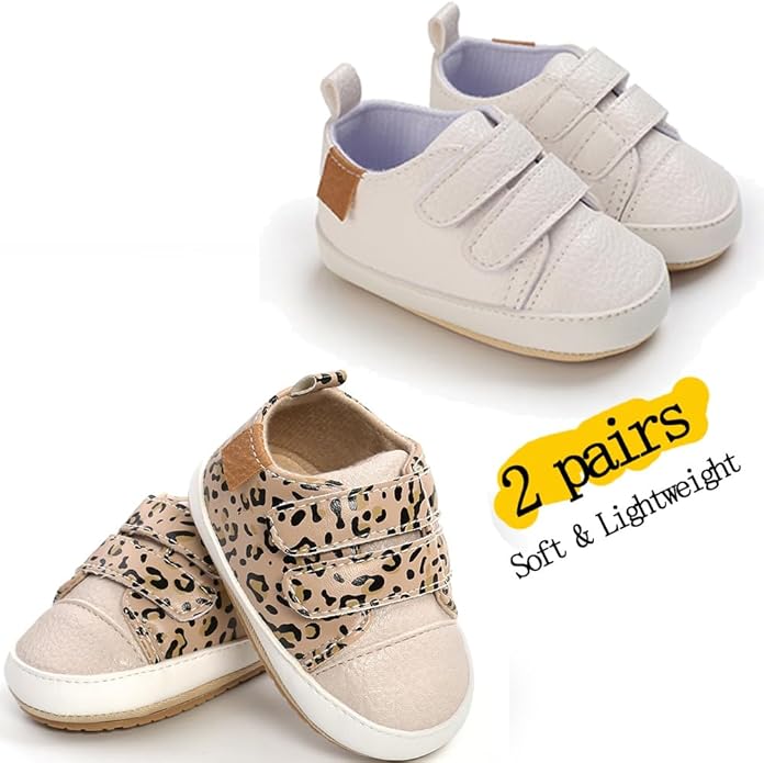 2Pairs Baby Shoes,Boys Girls Non-Slip Rubber Sole Sneakers,Unisex Infant Soft Lightweight First Walking Crib Shoes