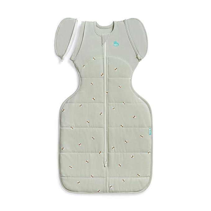 Love to Dream™ Swaddle UP™ Transition Bag, Large 8.5-11 kg, Bees Olive, Snug Fit, Zip-Off Wings, 2.5 TOG, for 16-20°C Temp, Machine Washable Quilted Stretch Cotton, 2 Zips, Easy Nappy Change