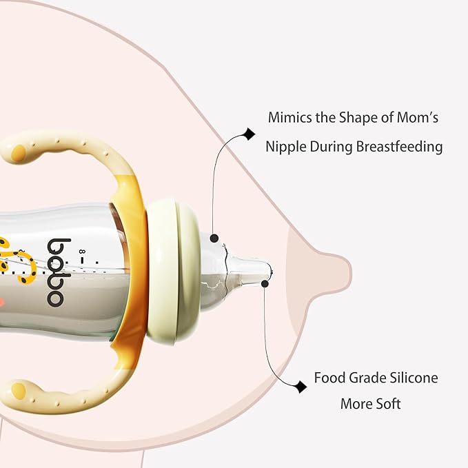 YOHKOH Natural Glass Baby Bottle with Natural Response Nipple, Wide Neck Baby Bottles with Handle, Newborn Anti-Colic Baby Bottles Gift Set, Clear (5.4oz (Pack of 4), Yellow)