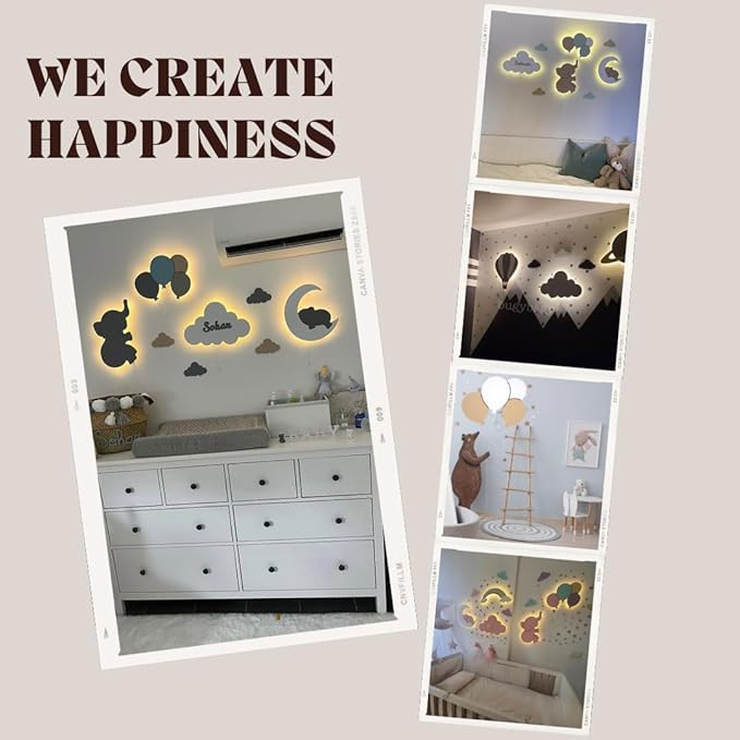 BugyBagy Nursery Wall Lamp Set – 3 Hand Painted Night Lights for Baby Room (Hot Air Balloon, Cloud, Elephant on Moon) + Bonus Wall Stickers – Soft Linen Colors Pink or Blue (Beige Theme 2)