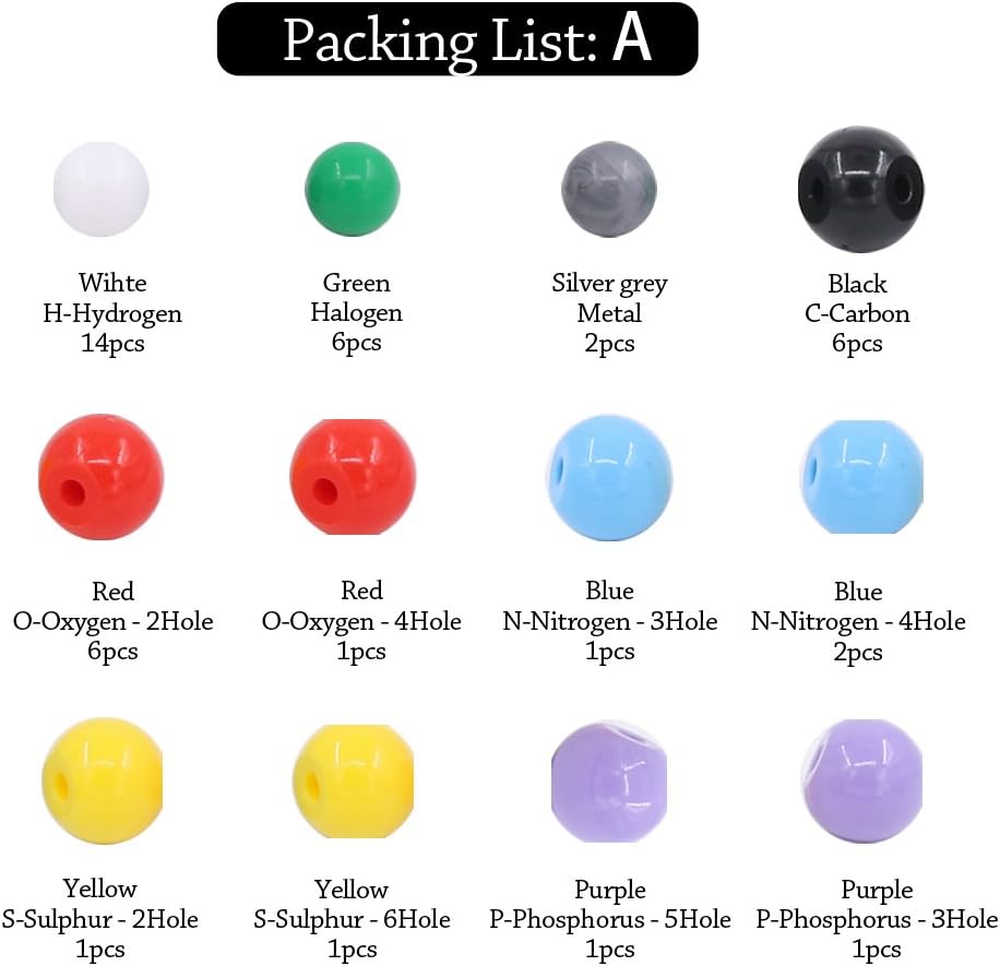 Swpeet 92 Pcs Chemistry Molecular Model Student and Teacher Set, Molecular Model Set for Inorganic & Organic Chemistry - 52 Atoms & 37 Bonds & 3 Orbitals