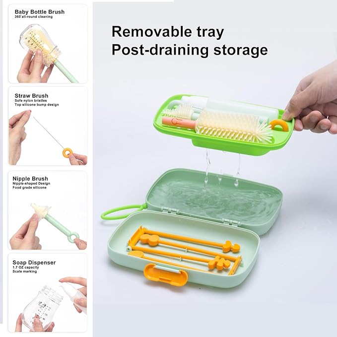 7in1 Travel Bottle Cleaner kit,Baby Essentials, with Bottle Brush、Nipple Brush、Straw Cleaner Brush、Soap Dispenser、Bottle Drying Rack、Drainage Tray、Storage Box,Baby Travel Essential (Green)