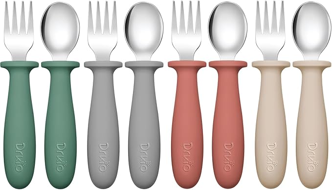 DRKIO 8 Pieces Toddler Utensils Set - Kids Silverware Set with Silicone Handle Children Safe 18/8 Stainless Steel Forks and Spoons Anti-Choke Design Food Grade Dishwasher Safe