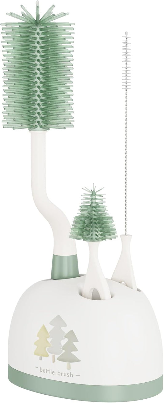 Silicone Bottle Brush Set with Stand, Bottle Cleaning Brush Cleaner Set, Long Handle 3 in 1 Multipurpose Silicone Baby Bottle Straw Cleaner Brush (Sage Green)