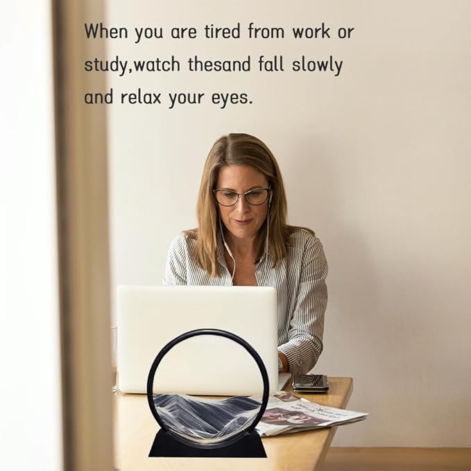 Aoderun Moving Sand Art Picture Round Glass 3D Deep Sea Sandscape in Motion Display Flowing Sand Frame Relaxing Desktop Home Office Work Decor (7", New Black)