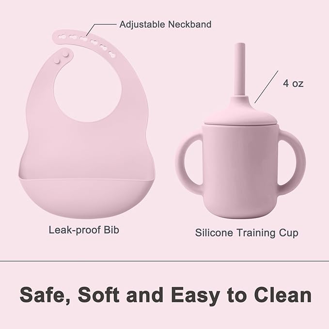 LITTLE RAWR Silicone Baby Feeding Set 14 Pcs,Baby Led Weaning Supplies, Baby Spoons Suction Bowl Divided Plate Bib Cup Finger Brush,First Stage Solid Food Eating Utensils - 6+ Months(Light Pink)