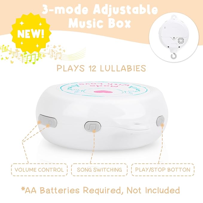 Dinosaur Crib Mobile – Beige Dino Baby Crib Mobile with 3-Mode Music Box, Nursery Mobile with Triceratops, T-Rex, Volcano, Fits Standard Cribs