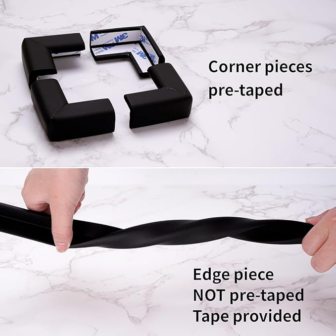 Baby Proofing Edge and Corner Guards, 2 Pack Safety Furniture Bumper with 3M Double-Sided Tape, Child Corner Protector for Fireplace, Table, Stair, Cabinet (Black)