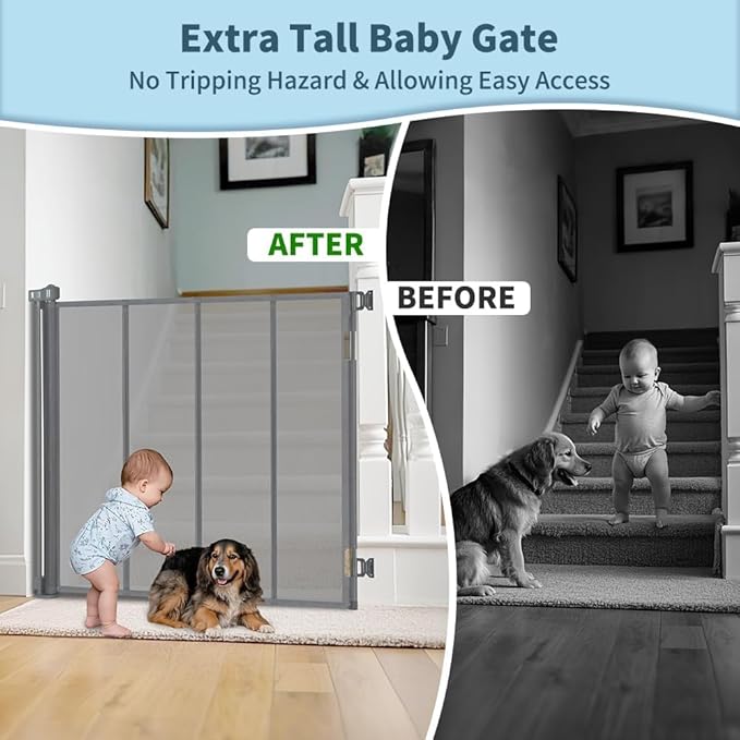 47” Extra Tall Retractable Baby Gate, Reinforced Mesh Dog Gate Extends to 59" Wide, Baby Gate for Stairs, Doorways, Hallways, Indoor and Outdoor, Grey