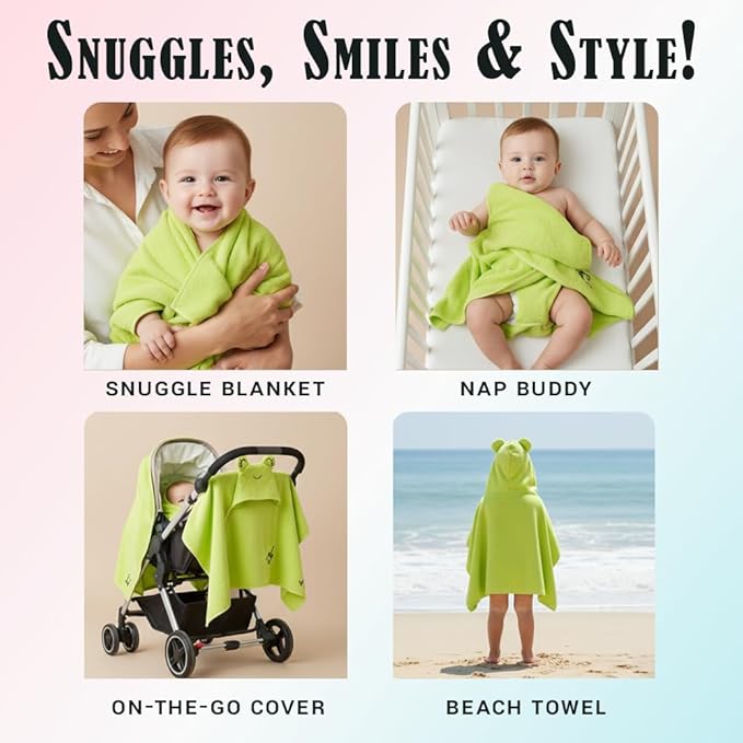 Milk&Moo Baby Hooded Towel, 100% Organic Turkish Cotton, Ultra Absorbent Bath Towel with Hood, 27x47 Inch, for Baby Boys & Girls (0-2 Years, Green)