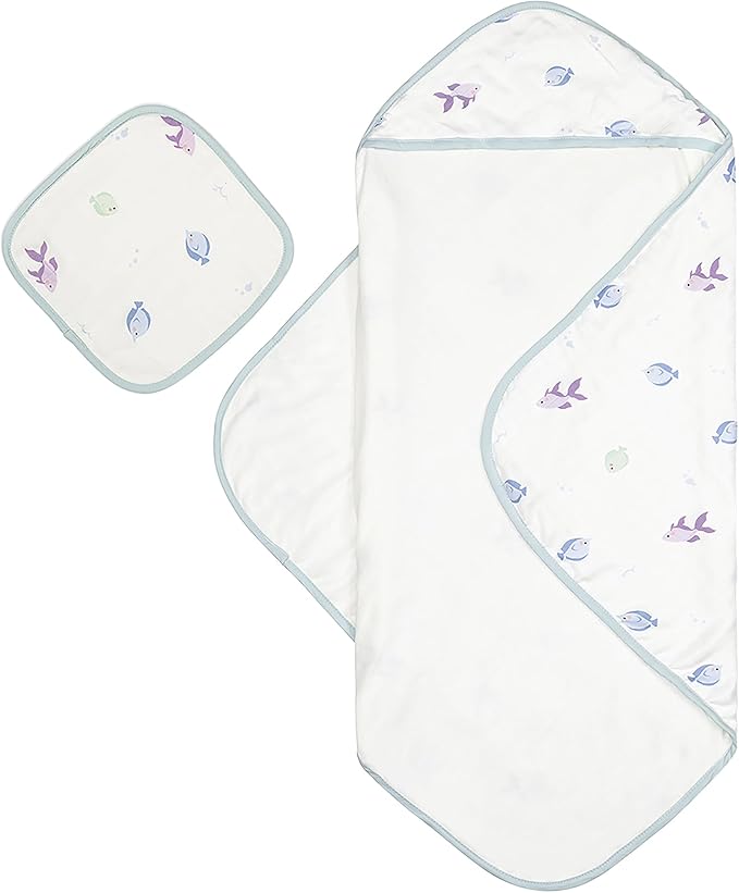 Bamboo Viscose Baby Hooded Towel & Washcloth Set for Babies and Toddlers, Soft & Absorbent, 70% Viscose from Bamboo, 30% Cotton Muslin - Imported (Fish)