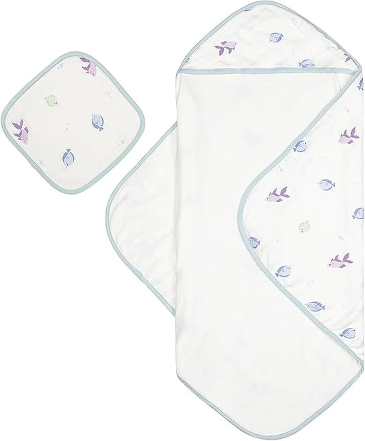 Bamboo Viscose Baby Hooded Towel & Washcloth Set for Babies and Toddlers, Soft & Absorbent, 70% Viscose from Bamboo, 30% Cotton Muslin - Imported (Fish)