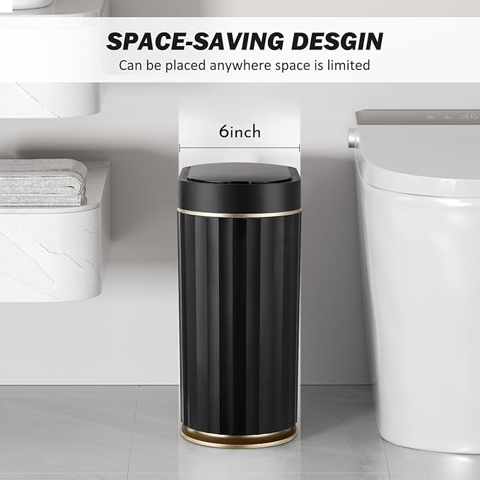 ELPHECO Black Bathroom Trash Can with Lid 2 Gallon Sensor Trash Bin, Automatic Narrow Garbage Can, Waterproof Smart Trash Can, Slim Motion Sensor Waste Bins for Bathroom, Living Room, Office