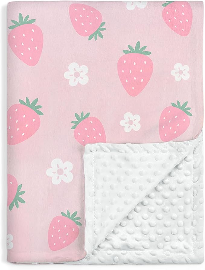 Strawberry Minky Baby Blanket 30 x 40 Inches for Girls, Soft Plush Receiving Blanket with Dotted Back, Gift for Toddler Newborn Infant Christmas Birthday Baby Shower