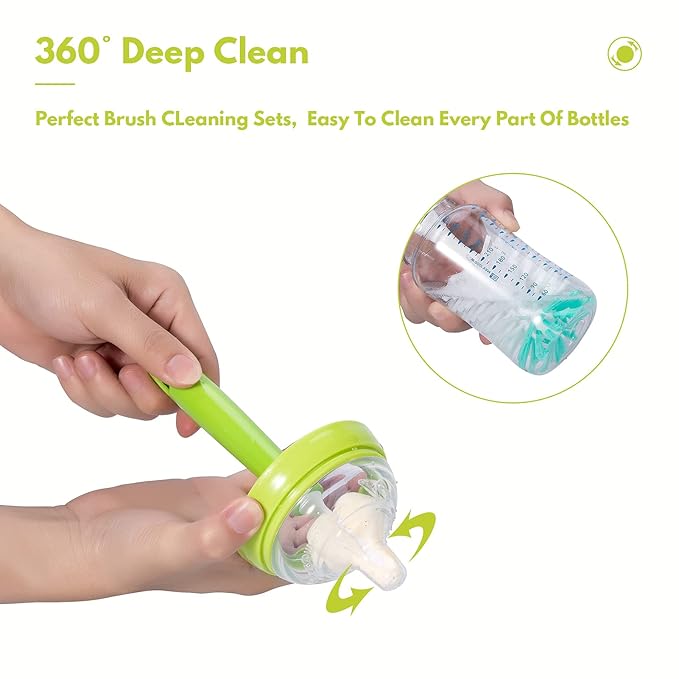 Baby Bottle Brush with One Base Hidden Nylon Nipple Cleaner, 2 Pcs Sponge Nipple Brushes, 2 Pcs Straw Brushes, Bottle Brush with Nipple Cleaner and Suction Cup (Yellow)