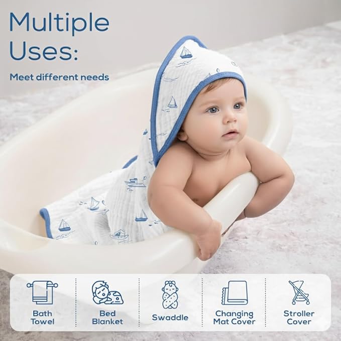 Muslin Hooded Baby Towels for Newborns, 32"x32", 100% Cotton – 6 Layers Super Soft Absorbent Breathable, Baby Bath Towel, Toddler Bath Towel – Pack of 2