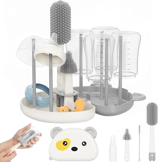 Baby Bottle Brush Set - 7 in1 Travel Bottle Cleaner Kit with Silicone Brush, Nipple Brush, Straw Brush, Bottle Drying Rack, Soap Dispenser, Storage Box, Baby Travel Essential Gift for Parents (Grey)