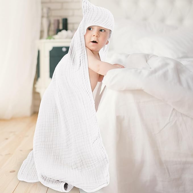 Peryiter 6 Pcs Muslin Hooded Baby Towels, 32"x 32" Cotton Newborn Bath Towel Muslin Infant Baby Blankets Absorbent Unisex Newborn Registry Gift Essentials for Girls Boys (Blue Series)