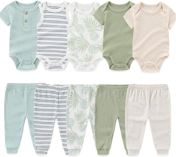 Kiddiezoom Newborn Baby Layette Set 10-Piece with Bodysuits and Pants Set for Unisex Baby Gift Sets