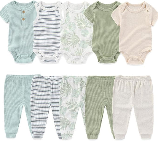 Kiddiezoom Newborn Baby Layette Set 10-Piece with Bodysuits and Pants Set for Unisex Baby Gift Sets