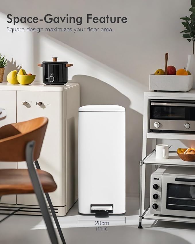 8 Gallon Square Trash Can with Lid, White Kitchen Trash Can with Soft Close, InnerBucket & Steel Pedal, Stainless Steel Garbage Can for Kitchen, Laundry Room, Office, Bathroom, Dorm