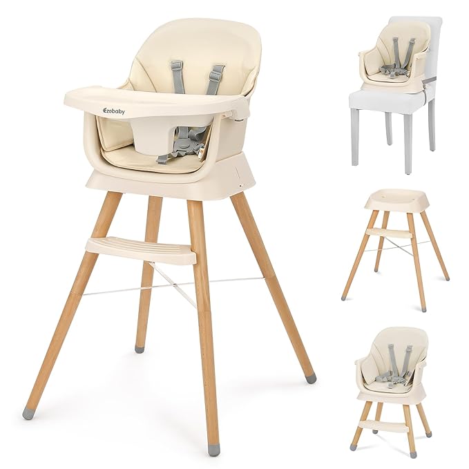 Ezebaby Portable Baby High Chair, High Chairs for Babies and Toddlers with Adjustable Legs, 6-in-1 Convertible to Booster Seat for Dining Table, Toddlers High Chair with Removable Cushions - Cream