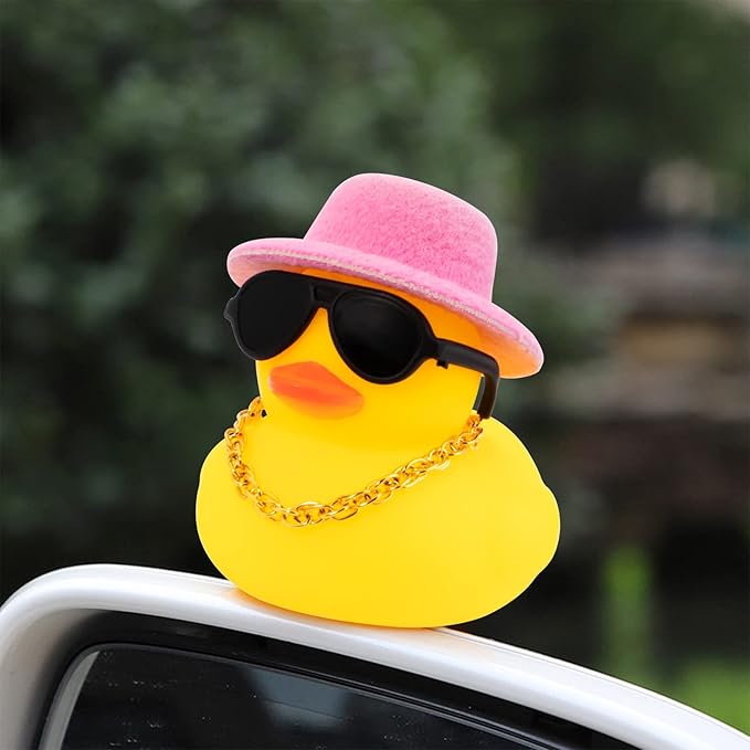 wonuu Car Rubber Duck, Yellow Duck Decoration Dashboard with Sun Hat Swim Ring Necklace Sunglasses for Car Dashboard Decorations