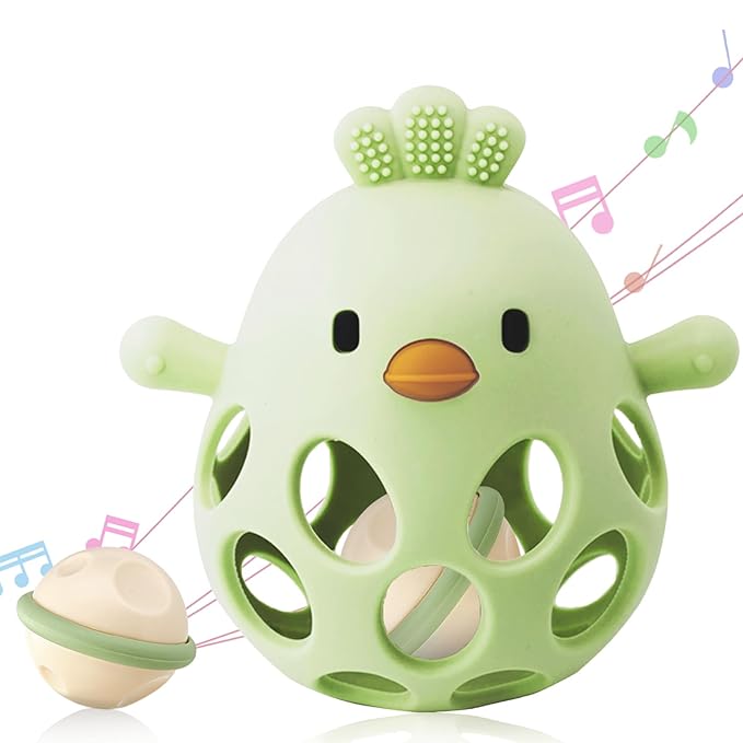 2-in-1 Baby Teething Rattle Toy, Sensory Grasping Teether for Infants 3-12 Months, 100% Food-Grade Silicone, Easy to Hold, Soothing & Developmental, BPA Free