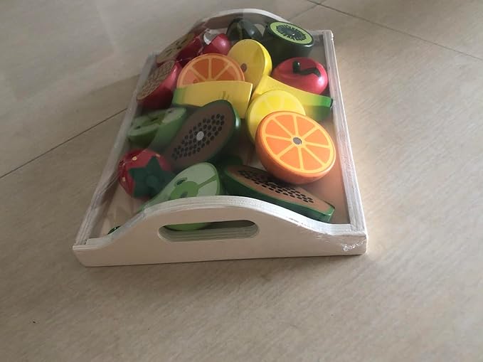 Wooden Toys for 2 Year Old - Pretend Play Food Set for Kids Play Kitchen,9 Cuttable Toy Fruit and Veg with Wooden Knif and Tray,Gift Idea for Boys Girls Birthday