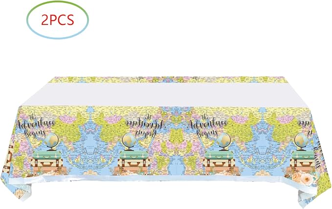 2 Pcs Adventure World Awaits Tablecloth, The Adventure Begin Birthday Party Supplies Decorations–Adventure Party Table Cover (70.9" x 42.5") (Pack of 2)