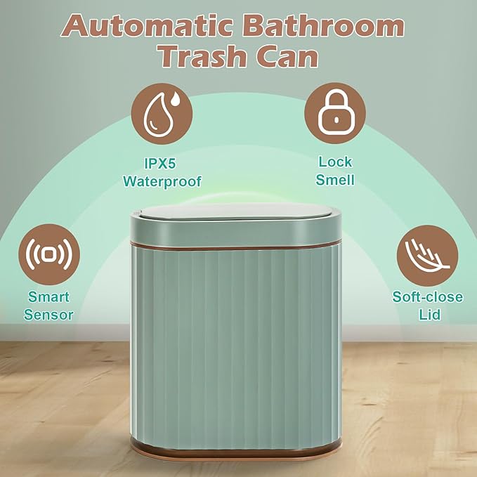 ELPHECO Bathroom Trash Can with Automatic Lid 2 Gallon Sensor Trash Bin, Smart Garbage Can IPX5 Waterproof Trash Bin, Small Slim Trash Can, Motion Sensor Wastebasket for Office, Kitchen, Sage Green