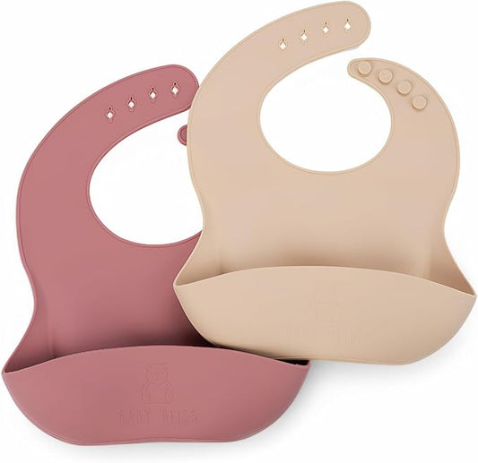 Silicone Bib 2-Pack: Safe, Non-Toxic, Food-Grade. Waterproof, Adjustable Neck Band, Easy-Clean Pouch Catcher.