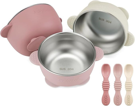 PandaEar 3 Pack Stainless Steel Suction Baby Bowls & 3 Baby Feeding Spoons | Non-Slip Stay Put Bowls & Soft Silicone First Stage Spoons for Toddlers, BPA-Free Baby Led Weaning Set (Pink White)