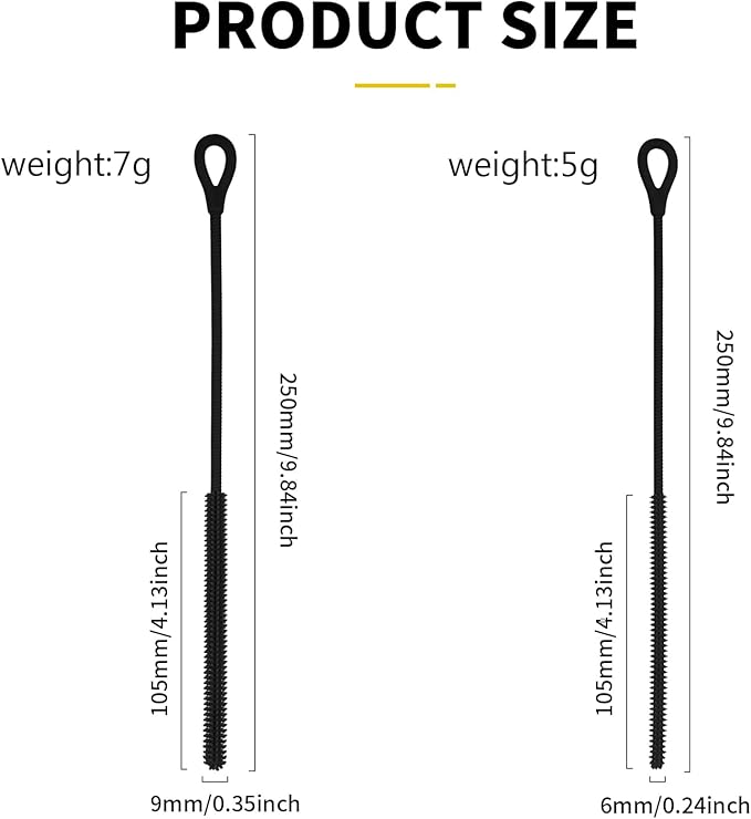 2Pcs Silicone Straw Cleaner Brush, 9.84in Reusable Straw Cleaner with Bendable Steel Core, Extra Long Soft Bottle Brush for Clearing Glass Straws, Smoothie Straws, 9mm&6mm (Black)