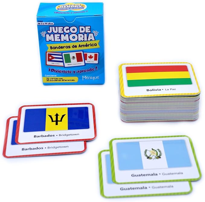 Menique Flags of The Americas Memory Matching Game – Spanish Edition – 70 Cards (35 Pairs) with Flags, Countries & Capitals – Educational Matching Game in Spanish for Kids and Adults