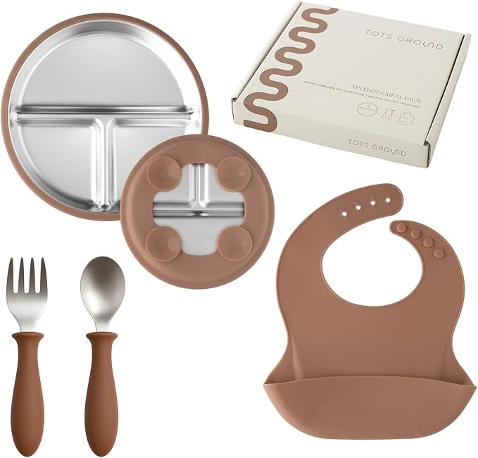 Stainless Steel Toddler Feeding Set 4 Pieces – Suction Plate, Silicone Bib, Spoon & Fork – Divided Plates for Baby Led Weaning, BPA-Free, Removable Shell (Mocha Mousse)