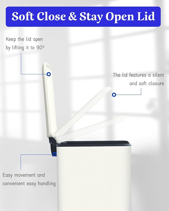 Trash Can with Lid, 10L Bathroom Waste Bin, Small Pedal Bin, Stainless Steel Garbage Can for Bathroom, Bedroom and Office, White