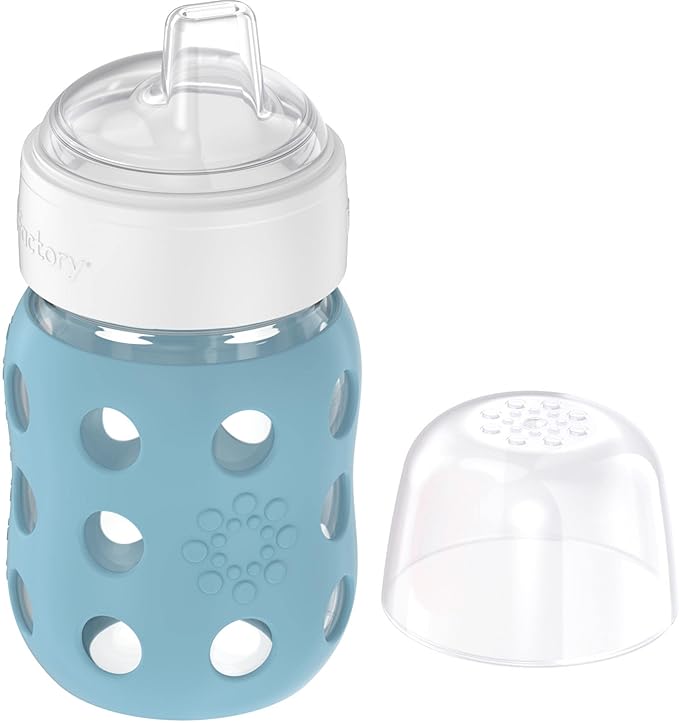 Lifefactory 8-Ounce Wide Neck Glass Baby Bottle with Protective Silicone Sleeve and Sippy Spout, Denim (LG2251WDE4)