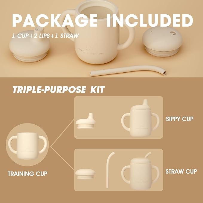 Cuddle Campus Sippy Cups 7OZ, [4 in 1] Baby Cups, Shatterproof Silicone Straw Cup,Open Cup for 6M, 6M+,6-12 Months,1/1+ Year Old Baby,Toddler