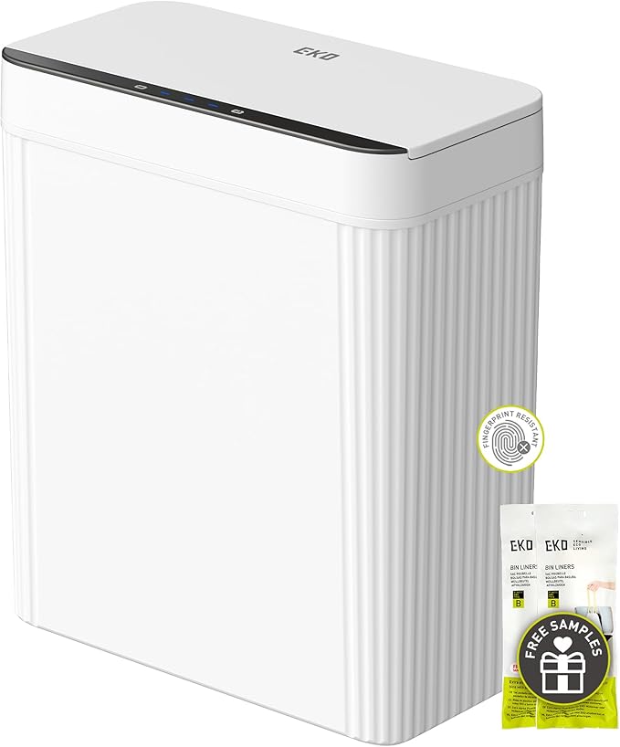 EKO Brio 10L/2.6 Gallon Motion Sensor Trash Can, Automatic Touchless Bathroom Garbage Bin, Waterproof Smart Trash Can for Kitchen, Bedroom, and Office, White
