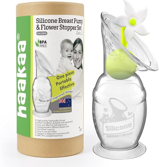 Haakaa Manual Breast Pump Silicone Breast Pump Milk Saver Milk Pump with Suction Base and Flower Stopper 100% Food Grade Silicone BPA Free (5oz/150ml) (White)