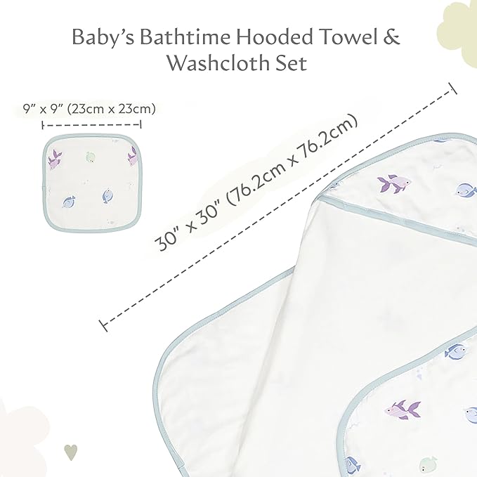 Bamboo Viscose Baby Hooded Towel & Washcloth Set for Babies and Toddlers, Soft & Absorbent, 70% Viscose from Bamboo, 30% Cotton Muslin - Imported (Fish)