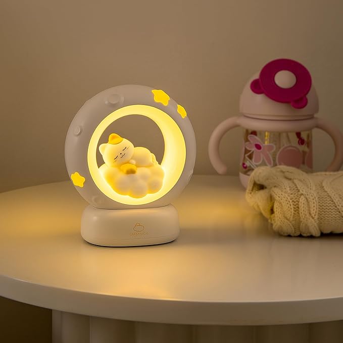 Moon and Cat Rechargeable Night Light, Safe PVC and ABS Material, 3 Brightness Levels, Tap Control, Warm Light, Toddler Sleeping Lamp, Bedroom Night Lamp, Gift for Baby and Kid (Moon and Cat)