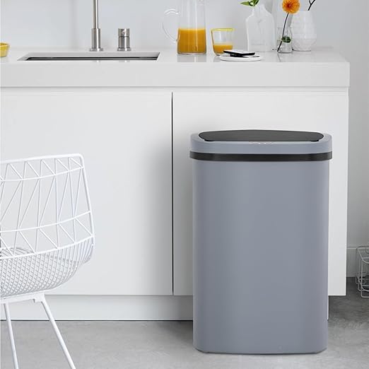 BestOffice | 13 Gallon Plastic Trash Can with Lid | Gray | Automatic Touchless Garbage Can | Odor Control | Modern Oval Design | Easy to Clean | Fits Any Kitchen, Bathroom, Office or Home